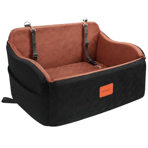 INDYBUD Dog Car Seat for Medium/Large Dogs, Memory Foam Pet Booster Seat for Under 55 lbs or 2 Small Dogs, Detachable Dog Car Bed for Backseat with 2 Safety Leashes and Pockets(Black/Brown, Large)