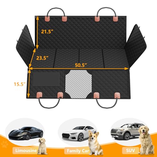 PETICON Back Seat Extender for Dogs, Hard Bottom Dog Car Seat Cover - Supports 400lbs, Rear Seat Pet Cover with Mesh Window, Waterproof Dog Hammock for Car SUV