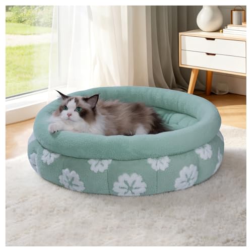 BALANCE Cat Beds for Indoor Cats, Washable Round Cat Bed, Cute 3D Flower Kitten Bed with Anti-Slip Bottom for Puppy and Kitten, 23 Inches, Green