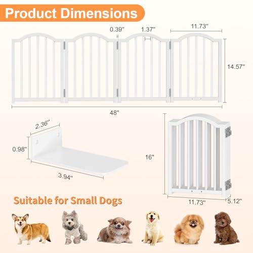 Snughome Short Dog Gate Indoor, 16" High Freestanding Small Dog Door Gates with Support Feet, Expands Up to 48’’ Wide Foldable Pet Gate for Doorway, 4 Panel Folding Pet Door Pet Fence for Puppy, White