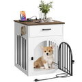 CHOEZON Dog Crate Furniture, Wooden Dog House with Charging Station and Storage Drawer, Indoor Pet Crate End Table for Small Breeds, Dog Kennel for Living Room, Bedroom, White and Walnut MGW01UWL