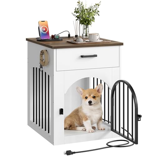 CHOEZON Dog Crate Furniture, Wooden Dog House with Charging Station and Storage Drawer, Indoor Pet Crate End Table for Small Breeds, Dog Kennel for Living Room, Bedroom, White and Walnut MGW01UWL