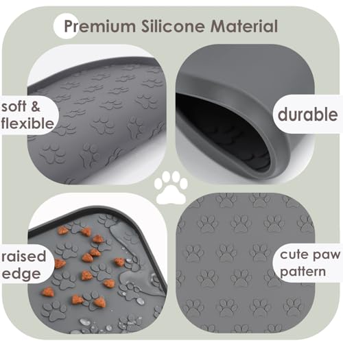 Pet Feeding Mat, Waterproof Anti-Slip Placemats for Dog Cat Bowl Silicone Pet Food Mat, Raised Edge Prevent Spills on Floor & Carpet, Dishwasher Safe (Black, 11" x 11")