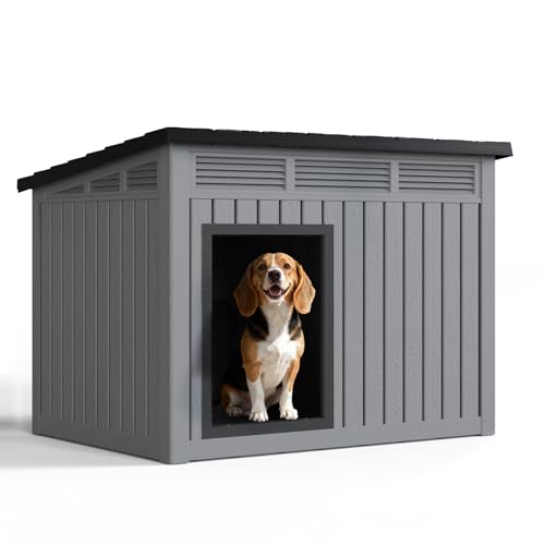 Jatindear Dog House Indoor Outdoor, Waterproof Dog House for Small to Medium Dogs,Easy to Assemble and Clean, Doghouse with Air Vents and Elevated Floor,Openable at The Top,Grey,32.2"×25.12"×24.13"