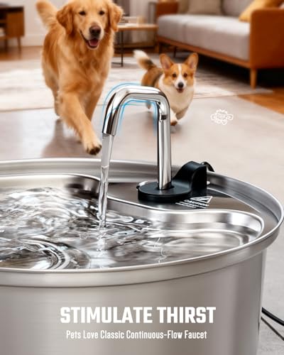 Pawccoli Dog Water Fountain Stainless Steel, 7L/1.8Gal Pet Fountain Water Bowl with Multi-Filtration & Deeper Drinking Aera, Large cat Water Fountain with Water Window & LED, Ultra-Quiet
