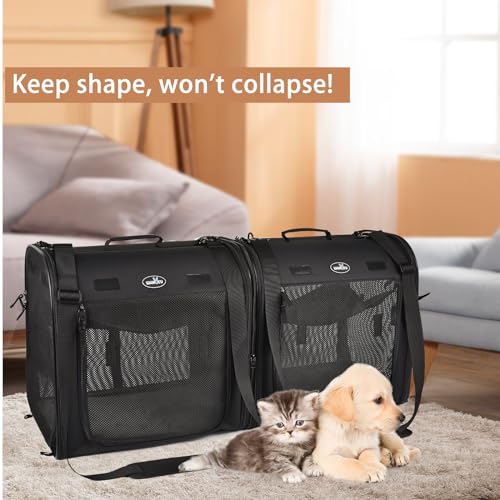 Wakytu Portable 2-in-1 Pet Carrier for Medium Dogs Large Cat Carrier for 2 Cats Travel Double Dog Crate Set with Portable Carry Bag/Hammocks/Mats/Tent Stakes/2 Pcs Pet Bowls for Outdoor Camping