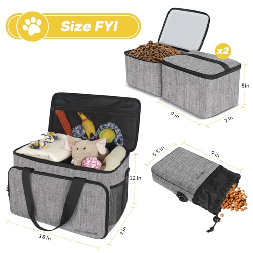Abrimelodi 6 Set Dog Travel Bag, Large Pet Travel Kit for Supplies Includes 2 Food Containers, 1 Pet Organizer for Dogs, 2 Collapsible Bowls, 1 Treat Pouch, Dog Weekend Overnight Bag Luggage