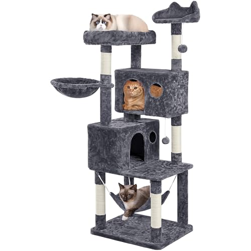 Yaheetech 64.5in Extra Large Cat Tree with 2 Perches, 2 Condos, 5 Scratching Posts, Funny Hammock & Basket & Dangling Balls, Multi-Level Cat Tower for Indoor Felines, Dark Gray