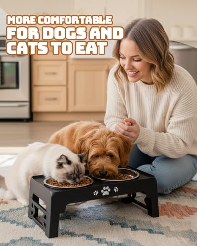 Jovrun Elevated Dog Bowls for Small Dogs and Cats, Non-Slip Cat Bowls with 2 Thick 5.5" Stainless Steel Dishes, Dog Feeder 2 Heights Adjustable to 2.6"-5.3"