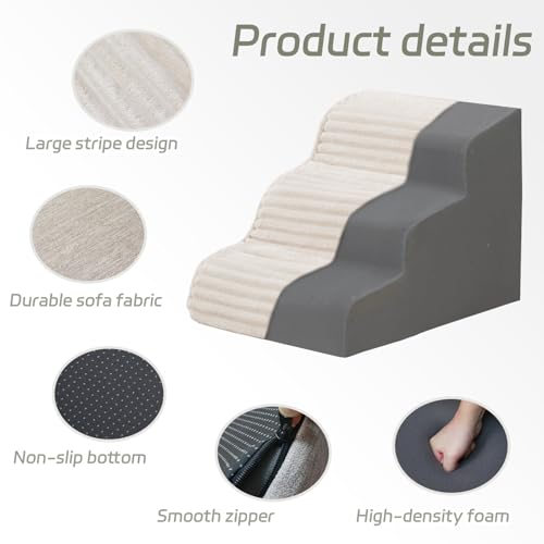 Laojin Balhen Dog Stairs for Small Dogs & Cats 15.7" H, High Density Foam Dog Steps Ramp for Couch Sofa and Chair, Pet Stairs with Non-Slip Bottom and Remove Washable Cover, 3-Step Pet Steps, Beige