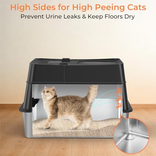 URPOWER Stainless Steel Cat Litter Box with 110° Flip-Top Lid Extra Large Enclosed Litter Box Non-Sticky Metal Pan with High Sided & Scoop, Odor Free, Front & Top Entry, Anti-Leakage, Easy Cleaning