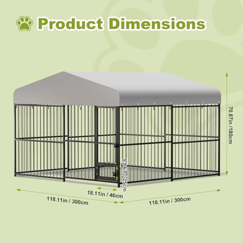 GarveeTech 10x10x6 ft Outdoor Dog Kennel Outdoor, Heavy-Duty Metal Dog Playpen with Waterproof Top Cover, Lock ＆ Swivel Feeding Bowl, Dog Crate Enclosure for All Dog Breeds, Easy Assembly