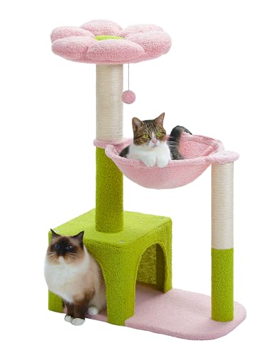 MUTTROS Flower Cat Tree with Large Metal Frame Hammock, 35" Cute Cat Tower with Sisal Scratching Posts for Small Indoor Cats, Cat Condo with Pink Top Perch for Kittens, Pink
