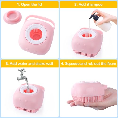 Qubccum 7 Pcs Cat Dog Brush Grooming Kits, Self-Cleaning Slicker Brush, Pet Nail Clipper and File, Flea Comb, Pet Shampoo Bath Brush, Pet Finger Toothbrush, Storage Bag (Pink)