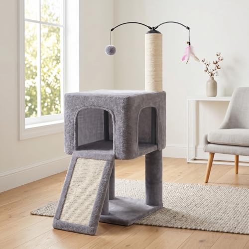 Roypet 32" Cat Tree for Indoor Cats, 2-in-1 Cat House with Sisal Scratching Post & Ramp, 2-Level Cat Tower with Rotatable Feather & Ball Toys, Stable Grey Cat Condo for Small/Medium Cats, Grey