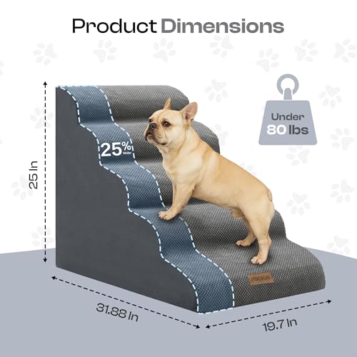 Miorun Extra Wide Dog Stairs for Large Dogs Up to 80lbs, 25" Pet Steps for High Bed with Washable Cover, 5-Step Foam Bed & Couch Ladder for Small Medium Dogs & Senior Cat, Gray
