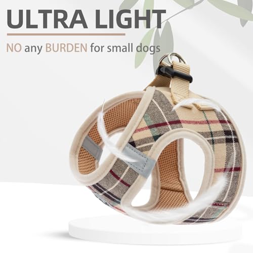 PUPTECK Adjustable Dog Harness Collar and Leash Set Step in No Pull Pet Harness for Small Medium Dogs Puppy and Cats Outdoor Walking Running, Soft Mesh Padded Reflective Vest Harnesses, Beige S