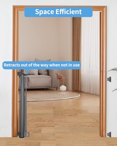 Retractable Baby Gate for Stairs – 33” Height, Expands up to 55” Width – Safety Gate for Infants, Toddlers, Dogs & Pets – Easy Install, Secure Closure, Gray Mesh Design for Indoor & Outdoor Use
