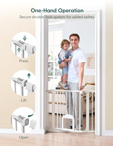 Babelio Baby Gate with Adjustable Cat Door,29-43" Auto Close Durable Pet Door for Stairs,Doorways and House,Pressure Mounted,Easy Install,Effortless Walk Thru,White