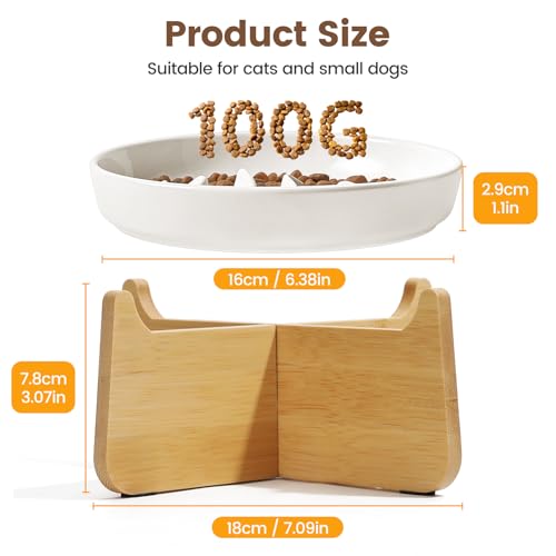 PETTOM Slow Feeder Cat Bowl Elevated Ceramic with Bamboo Stand, Raised Pet Puzzle Dishes for Indoor Cats Small Dog, Anti Vomit Cat Bowl for Wet & Dry Food