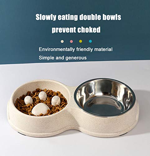 Tineer Double Pet Dog Slow Feeder Bowl,Stainless Steel Anti-Choke Puppy Food and Water Feeder for Dog Cats (White)