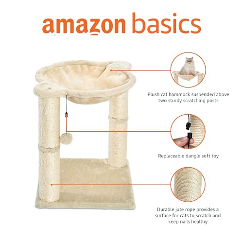 Amazon Basics Cat Tower with Hammock Bed and Scratching Post for Indoor Cats, Easy to Assemble, Interactive Hanging Ball, 15.8" x 15.8" x 19.7", Beige
