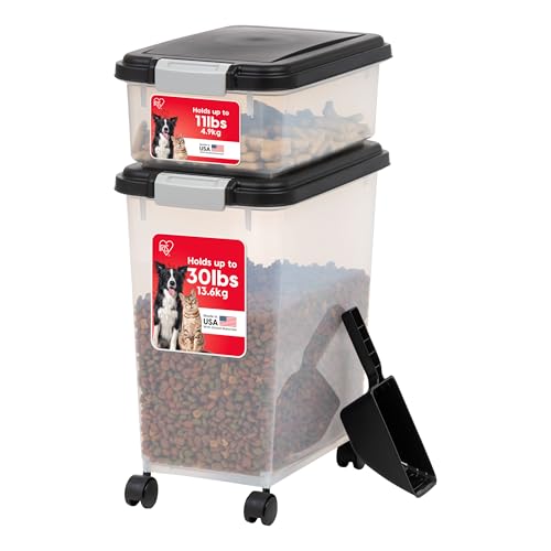 IRIS USA Dog Food Storage Container 30 lb + 11lb Airtight Combo, Stackable Pet Food Storage Bin with Wheels for Cat Dog Food, BPA Free, Made in USA, Black
