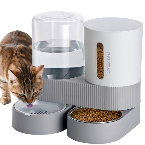 2 Pack Automatic Cat Feeder Stainless Steel Water Dispenser Gravity Food Feeder and Waterer Set with Pet Food Bowl for Small Medium Kitten Puppy Pets Large Capacity(Grey)
