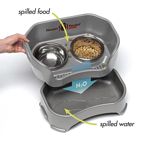 Neater Feeder Deluxe Mess-Proof Elevated Dog Bowls for Medium Dogs (19–40 lbs), 2 Height Adjustable (10” & 12.5”) No-Spill Raised Dog Bowl Stand, Stainless Steel Food Bowl Set, Made in USA, Gunmetal
