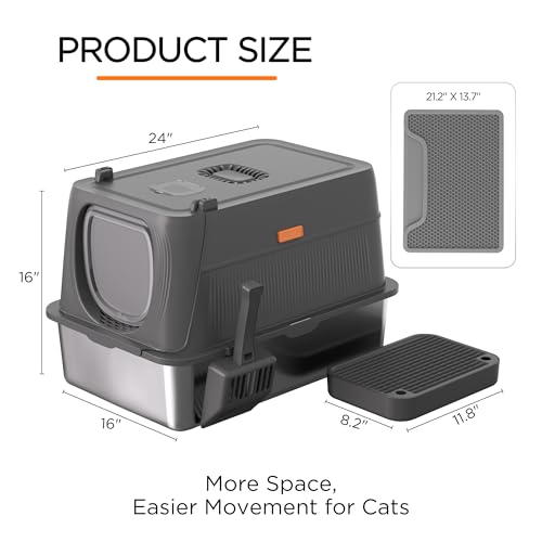 Anywish Stainless Steel Cat Litter Box with Lid, XL Extra Large Enclosed Removable Metal Litter Box with Litter Scoop&Double Layer Litter Mat, Non-Sticky, Non-Odor, for Big Cats Dark Grey
