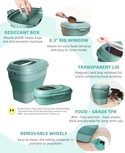 DDMOMMY 30-35 Lbs Dog Food Storage Container Collapsible Dog Food Container with Airtight Lids, Wheels, Scoop and 2pcs Food Storage Containers, Large Pet food storage for Dog, Cat (Green)
