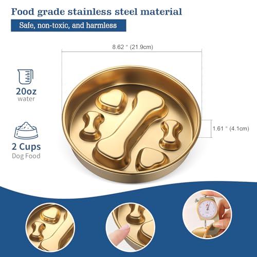 Golden Stainless Steel Slow Feeder Dog Bowls – Non-Slip Metal Dog Bowl for Large & Medium Breeds, Puppy Puzzle Feeder – 2 Cup Capacity for Small to Big Pets – Durable Slow Feed Dog & Cat Food Dish