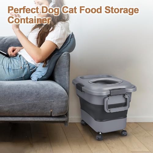Dog Food Storage Container，10-25 lbs Airtight Collapsible Cat Food Storage Container with Attachable Wheels, Portable Handle, Dog Food Scoop for Dog Cat Bird Pet Dry Food Storage Bin Dark Grey