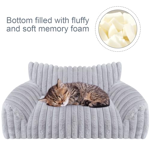 Cute Cat Couch Bed for Indoor Cats, Fluffy Pet Cat Sofa with Premium Soft Corduroy Fleece, Cute Small Dog Beds for Small Dogs, Fuzzy Puppy Chair with Removable Washable Cover (24x18x10,Grey)
