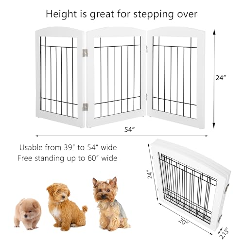 PAWLAND Free Standing Dog Gates for The House Stairs Doorways Indoor Foldable Wooden Small White Puppy Pet Gate Step Over Fence 60" W 24" H 3 Panels