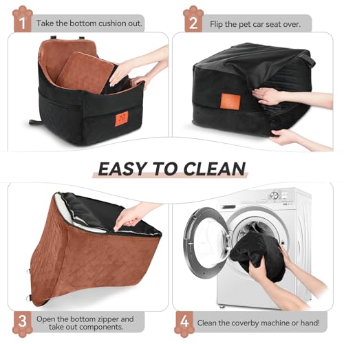 GL GLENSLAVE Dog Car Seat for Small/Medium Dogs, Dog Booster Car Seats with Thick Cushion for Dogs Under 35 lbs, Detachable Washable Pet Carseat with Storage Pockets, 2 Safety Belts(Black/Brown)