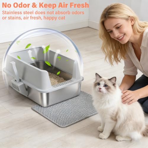 Stainless Steel Cat Litter Box with Lid, XL Metal Litter Box, Extra Large Litterbox for Big Cats, High Sided | Easy Cleaning | Odor-Free Includes Scoop and Mat
