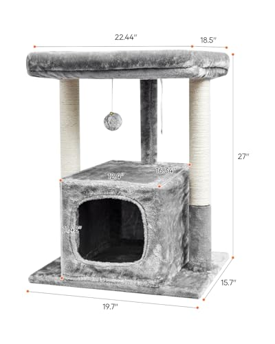 SYANDLVY 27IN Cat Tree for Indoor Cats Large Adult, Modern Activity Tower with Scratching Posts, Condo with Plush Perch, Climbing Stand with Spring Ball for Play, Grey