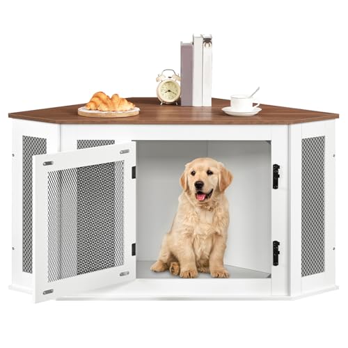 MAHANCRIS Corner Dog Crate Furniture, Wooden Dog Kennel End Table, Decorative Pet Crate Indoor Use, Furniture Style Dog House for Small Medium Dog, Dog Cage TV Stand, White and Walnut DCBA0801