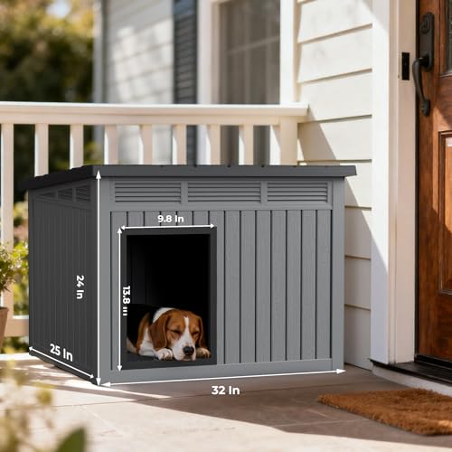Jatindear Dog House Indoor Outdoor, Waterproof Dog House for Small to Medium Dogs,Easy to Assemble and Clean, Doghouse with Air Vents and Elevated Floor,Openable at The Top,Grey,32.2"×25.12"×24.13"