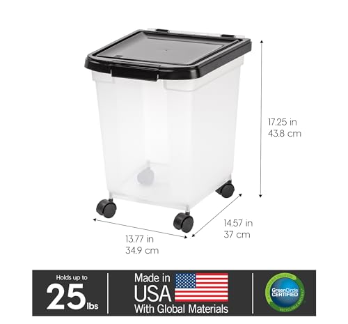 IRIS USA Airtight Dog Food Storage Container, WeatherPro, Up to 25 lbs, Removable Wheels, for Dog Cat Bird and Other Pet Food Storage Bin, Keep Fresh, Translucent Body, Made in USA, Clear/Black