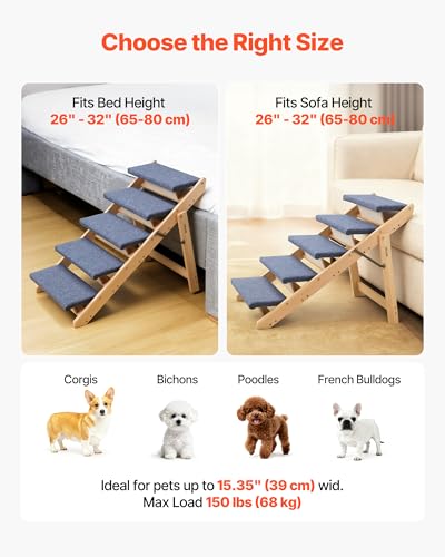 VEVOR Wood Pet Stairs, 5-Step Dog Stairs for Beds, Sofa & Cars, 150lbs Load Capacity, Floded Flat Design, Stable & Sturdy Cat & Dog Step Ladder for Small Medium Large Older Pet Puppy Essentials