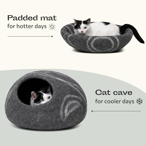 MEOWFIA Cat Cave – Premium Felt Cat Bed for Indoor Cats, Handmade Merino Wool (Dark Gray, Medium)
