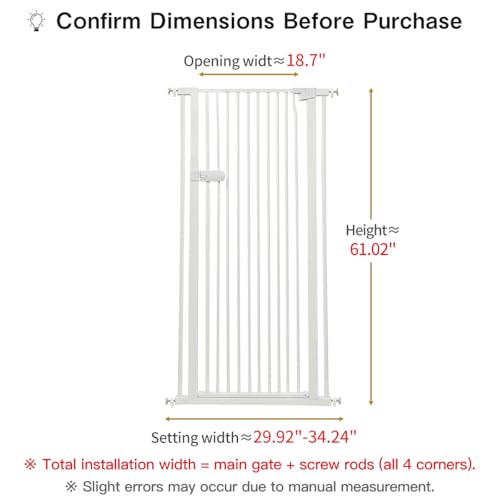 Lumizone Extra Tall Cat Gate 61.02" High Pressure Mounted 29.92"-34.24" Extra Wide 1.37" Gap No Drilling Auto-Close One-Handed Operation Tall Pet Gate for Dogs(White, 61.02" H x 29.92"-34.24" W)