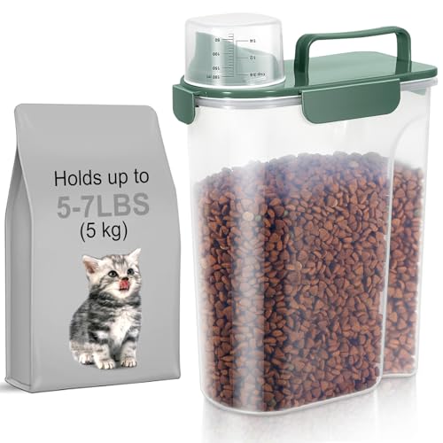 LEAWALK 5-7Lbs Cat Dog Storage Container, Portable Pet Food Containers with Upgraded Large Spout and Cup, Small Animal Kibble Dispenser for Bird Seed, Oatmeal, Rice, Flour, Brown Sugart-Dark Green