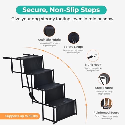 Dog Stairs for Car, Truck & SUV – Foldable Dog Steps for Small & Large Dogs with Anti Slip Surface & Poop Bag Dispenser, Lightweight Dog Ramp Holds Up to 130lbs