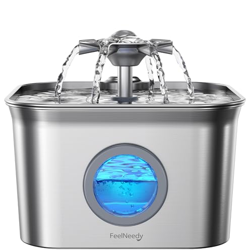 Stainless Steel Cat Water Fountain, 99oz/2.8L Auto Pet Drinking Fountain with 20dB Ultra-Quiet Pump- Ideal for Timid Pets, LED Water Level Window, Dishwasher Safe, 24/7 Circulating Flow - FEELNEEDY