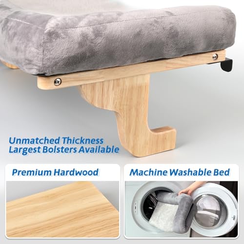 Zakkart Cat Perch for Window Sill with Bolster - Orthopedic Hammock Design with Premium Hardwood & Robust Metal Frame - Cat Window Seat for Large Cats - Natural Color Wood Gray Bed, 26.4''W