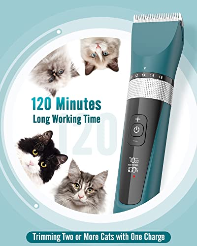 oneisall Cat Clippers for Matted Hair, 5-Speed Quiet Cat Grooming kit, Cordless Pet Shaver for Long Hair,Waterproof Pet Trimmer, Pet Clippers for Cats(Green)