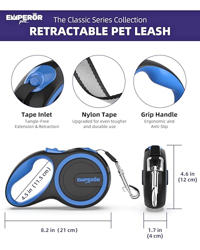 Emperor Pets 26 ft Retractable Dog Leash Large Dogs - Up to 110lbs, Heavy Duty Leash Retractable 26 ft, Dog Leashes for Large Breed Dogs -BL26
